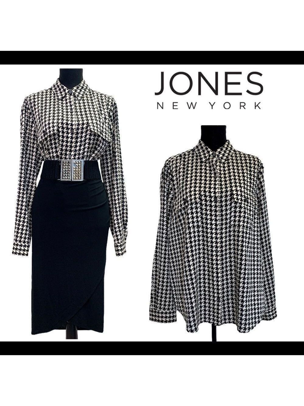 Jones New York collection houndstooth button front blouse black white Sz14 NWOT